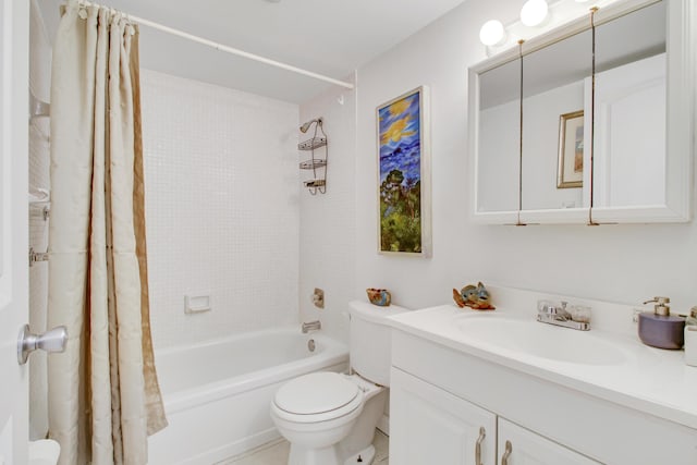 full bathroom with vanity, shower / tub combo, and toilet