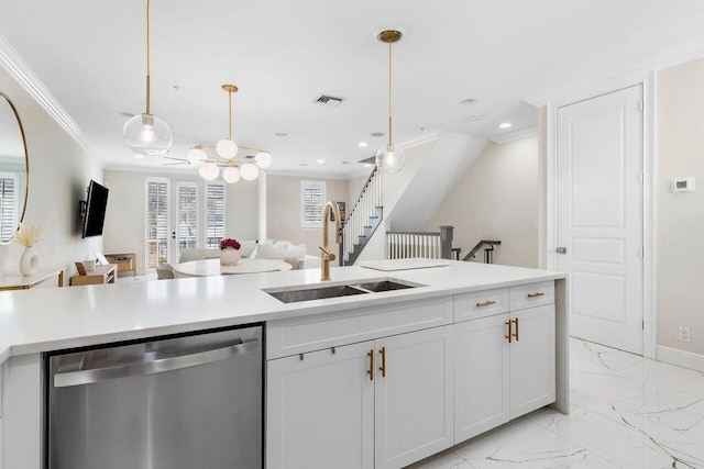 kitchen featuring dishwasher, sink, crown molding, decorative light fixtures, and white cabinets