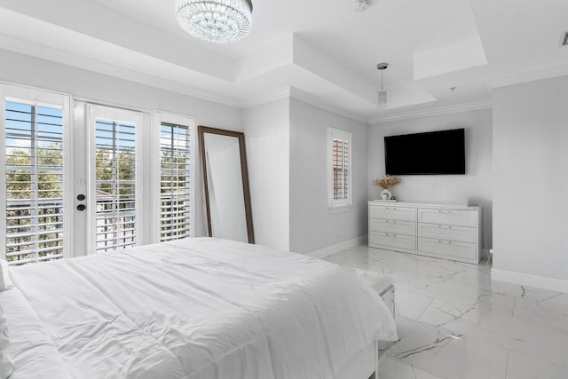 bedroom featuring a tray ceiling, crown molding, an inviting chandelier, and access to outside