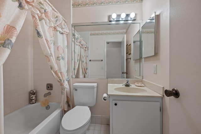 full bathroom featuring vanity, toilet, shower / tub combo with curtain, and tile patterned flooring