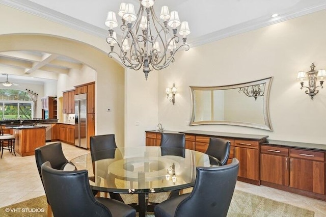 dining space featuring light tile patterned flooring, coffered ceiling, ceiling fan with notable chandelier, ornamental molding, and beam ceiling