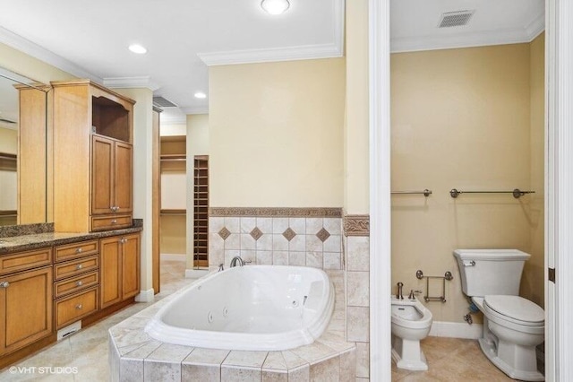 bathroom featuring a relaxing tiled tub, toilet, a bidet, and crown molding