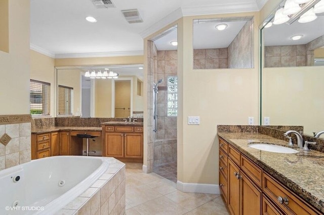 bathroom featuring tile patterned flooring, vanity, crown molding, and independent shower and bath