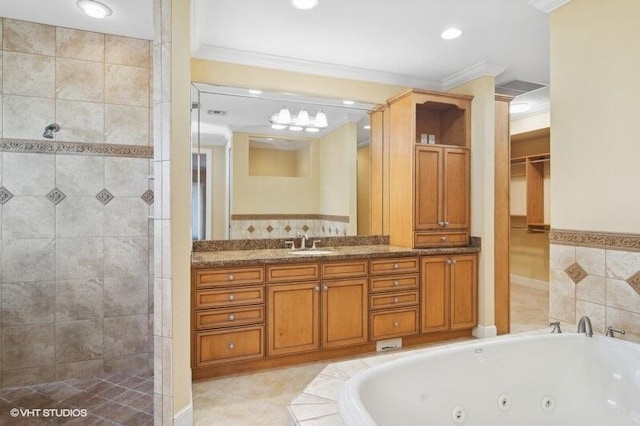 bathroom featuring vanity, crown molding, tile walls, and independent shower and bath