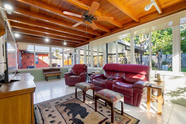 sunroom / solarium with beamed ceiling, ceiling fan, and wood ceiling