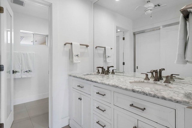 bathroom featuring vanity, tile patterned floors, and ceiling fan