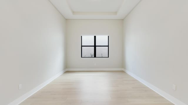 unfurnished room featuring a raised ceiling and light hardwood / wood-style flooring