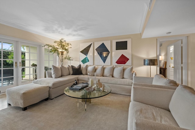 living room with crown molding and french doors