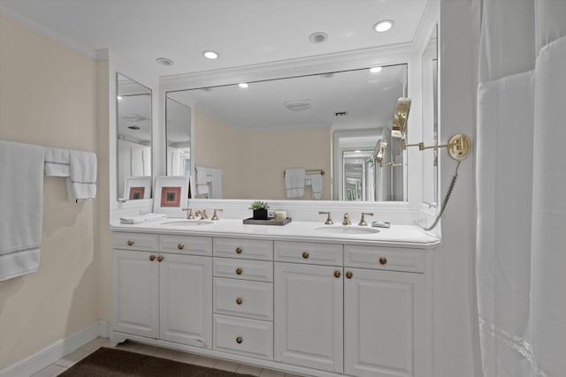 bathroom featuring vanity, tile patterned floors, curtained shower, and crown molding