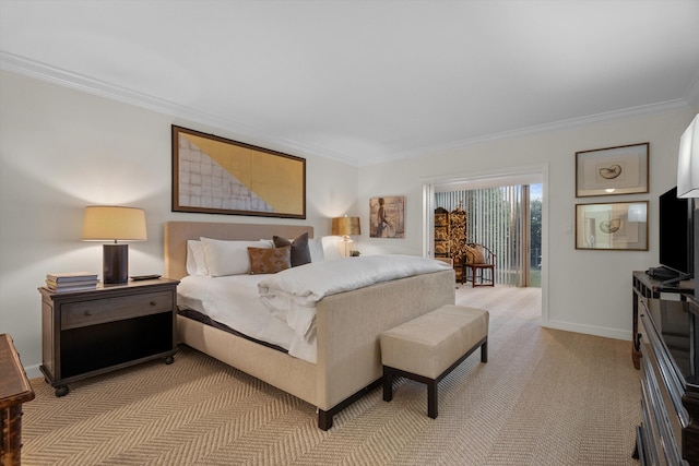 bedroom featuring light colored carpet and crown molding