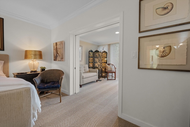 carpeted bedroom with crown molding