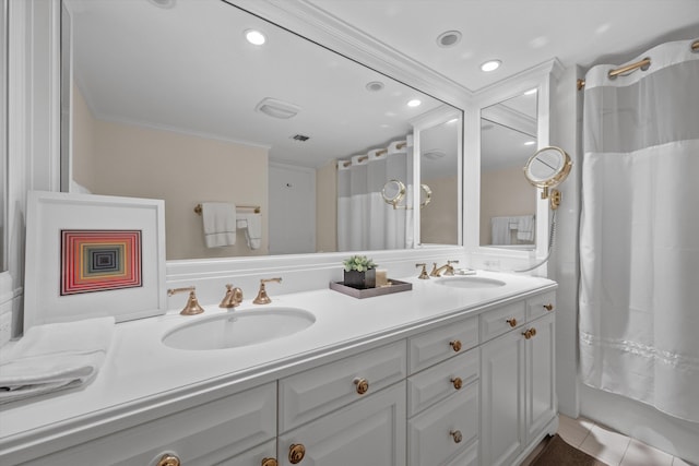 bathroom featuring tile patterned flooring, a shower with curtain, vanity, and ornamental molding