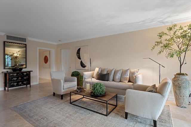 living room featuring crown molding