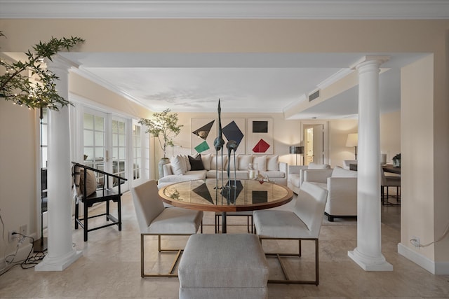 living room featuring ornamental molding and french doors