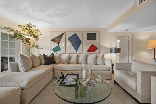 living room with ornamental molding