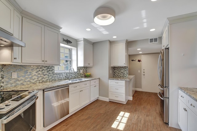 kitchen with sink, stainless steel appliances, light hardwood / wood-style floors, decorative backsplash, and white cabinets