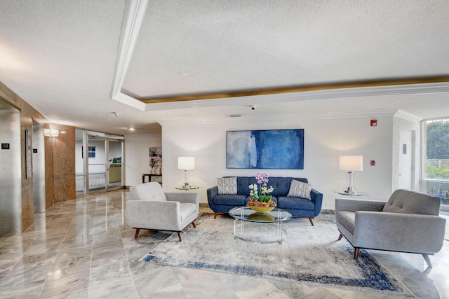 living room featuring crown molding, a textured ceiling, and a tray ceiling