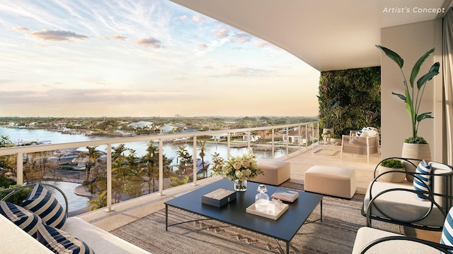 balcony at dusk with a water view and outdoor lounge area