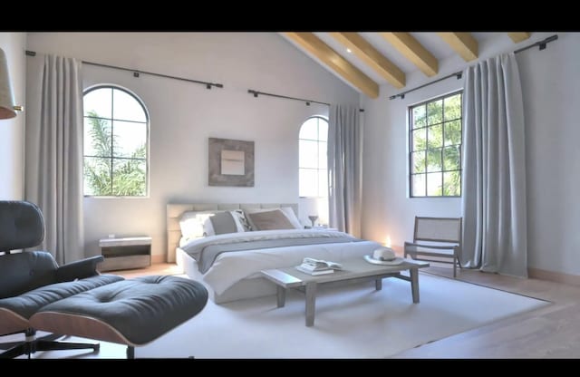 bedroom featuring wood-type flooring and vaulted ceiling with beams