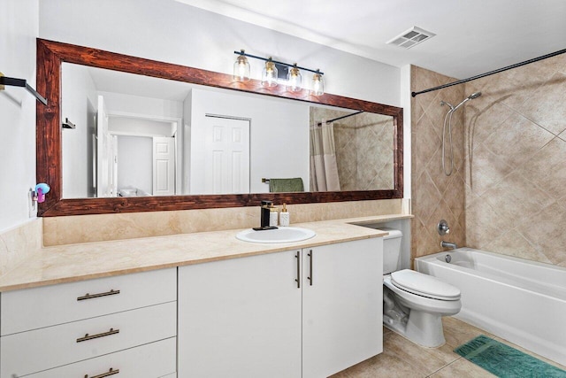 bathroom with shower / bath combination with curtain, visible vents, toilet, vanity, and tile patterned floors