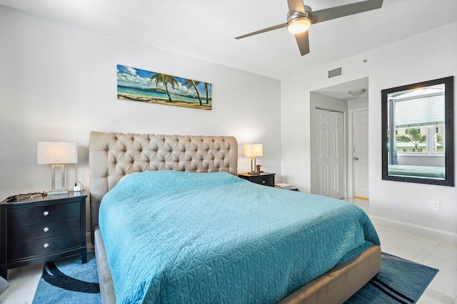 bedroom featuring ceiling fan, a closet, visible vents, and baseboards