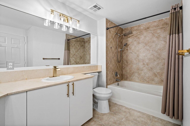 bathroom with shower / bath combo, visible vents, toilet, tile patterned flooring, and vanity