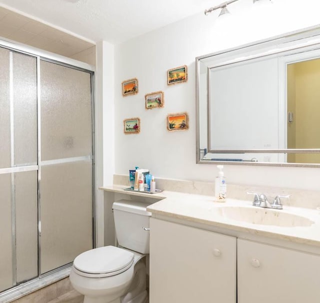 bathroom with vanity, toilet, and a shower with door