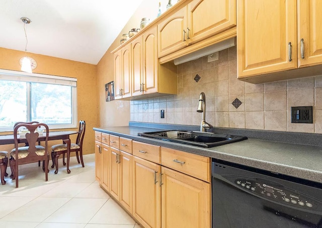 kitchen featuring dishwasher, sink, vaulted ceiling, tasteful backsplash, and light tile patterned flooring