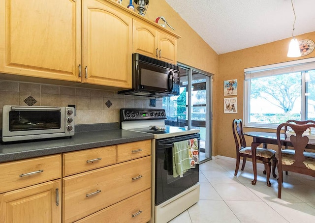 kitchen featuring decorative backsplash, white electric range oven, light tile patterned floors, hanging light fixtures, and lofted ceiling