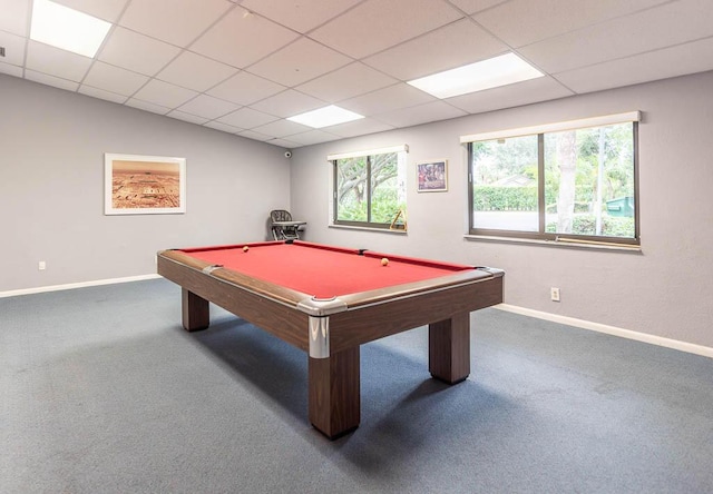 game room with carpet flooring, a paneled ceiling, plenty of natural light, and pool table