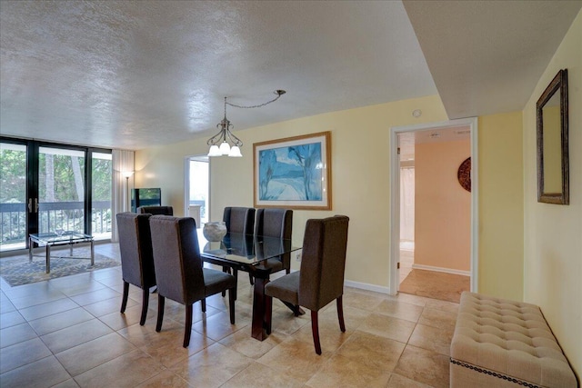 dining space with floor to ceiling windows, radiator, a notable chandelier, a textured ceiling, and light tile patterned flooring