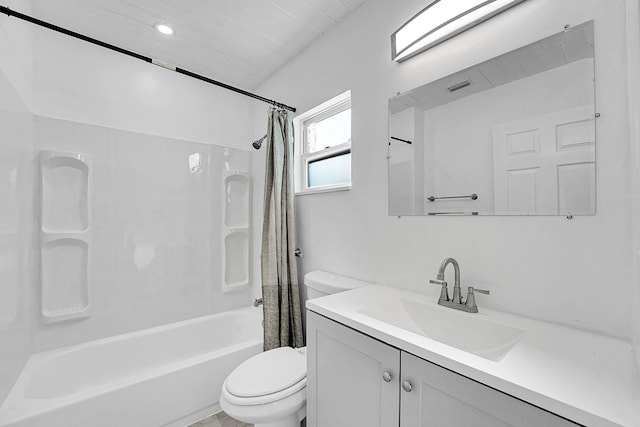 full bathroom with vanity, toilet, and shower / bathtub combination with curtain