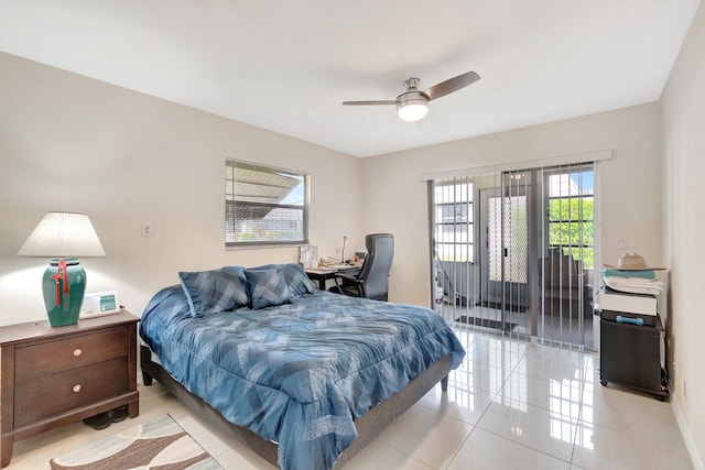 bedroom featuring access to outside, ceiling fan, and light tile patterned flooring