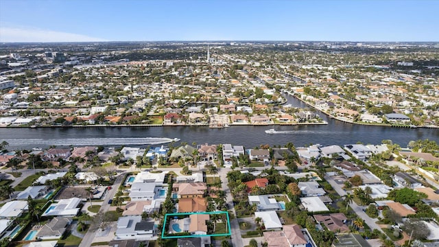 drone / aerial view with a water view