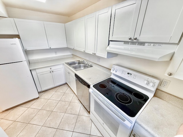 kitchen with white cabinetry, sink, ventilation hood, white appliances, and light tile patterned flooring