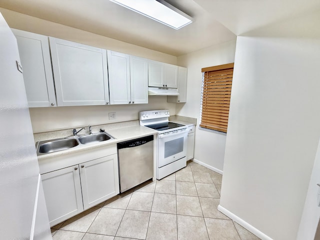 kitchen with electric range, dishwasher, white cabinetry, and sink