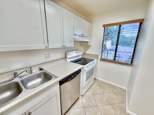 kitchen with white cabinets, electric stove, sink, stainless steel dishwasher, and light tile patterned flooring