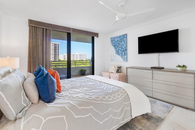 bedroom with a wall of windows, access to outside, ceiling fan, and crown molding