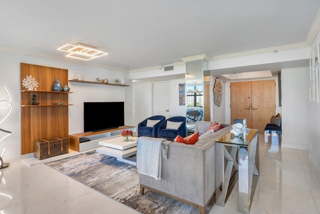 living room with a textured ceiling and crown molding