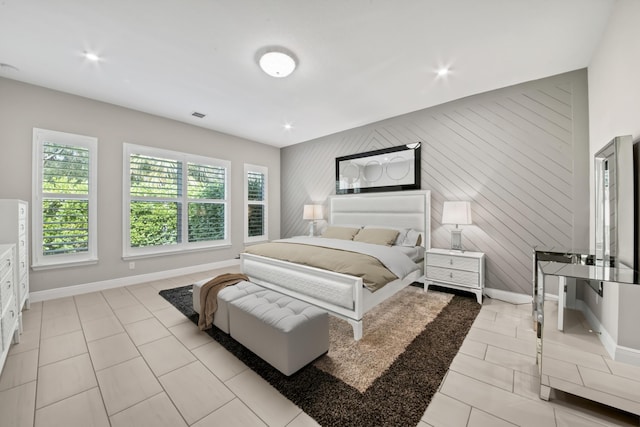 tiled bedroom with wood walls