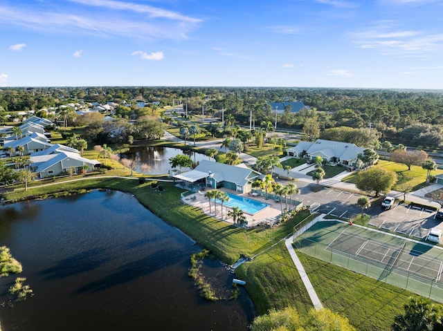 drone / aerial view with a water view