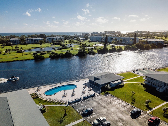 bird's eye view with a water view