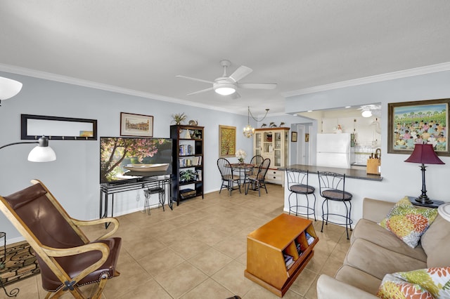 living room featuring a textured ceiling, light tile patterned flooring, ceiling fan with notable chandelier, and ornamental molding