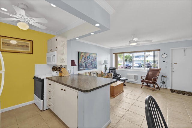 kitchen featuring white cabinets, light tile patterned flooring, white appliances, and ornamental molding