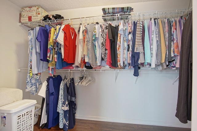 spacious closet featuring dark hardwood / wood-style flooring