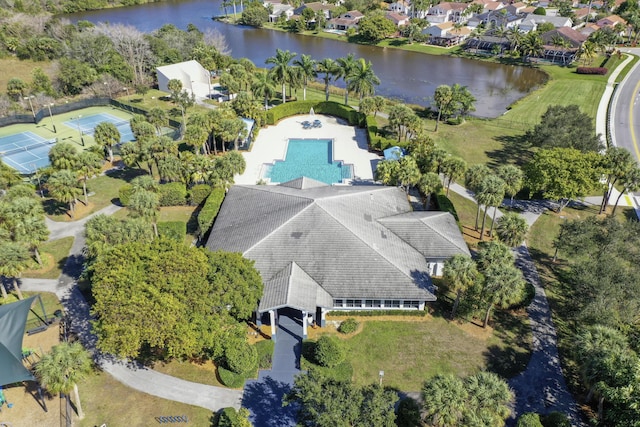 drone / aerial view featuring a water view