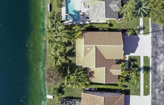 aerial view featuring a water view