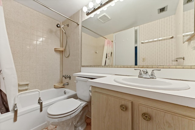 full bathroom with vanity, shower / bathtub combination with curtain, and toilet