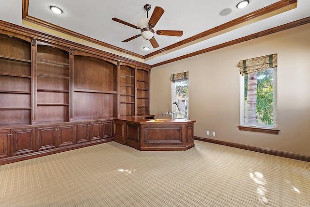 unfurnished office with light carpet, ceiling fan, and ornamental molding