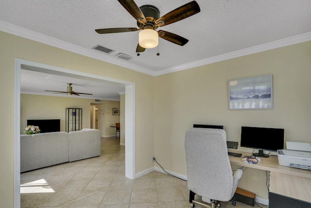 home office featuring ornamental molding, light tile patterned flooring, and visible vents